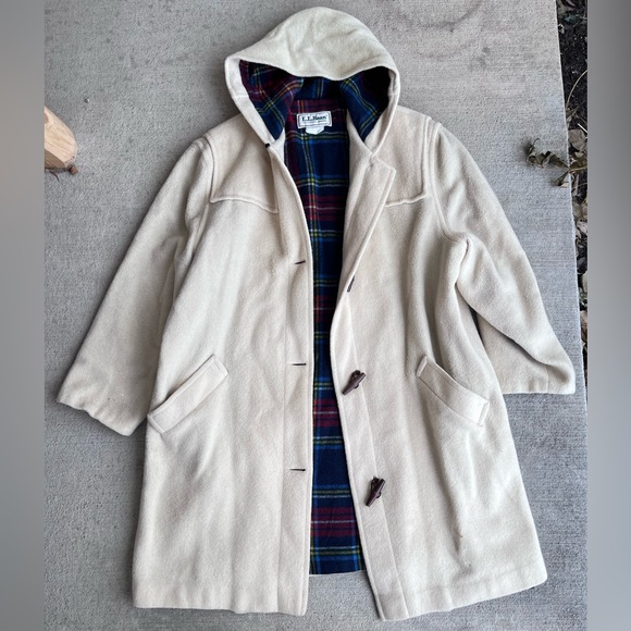 Vintage 90s LLbean wool tartan plaid toggle trench coat jacket made in USA